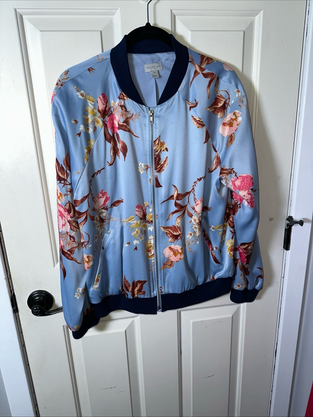 Belle Sky Satin Light Blue Floral Jacket Size M